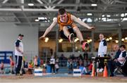 23 March 2024; Diarmuid Bannon of Leevale AC, Cork, competes in the boys under 18 triple jump during day one of the 123.ie National Juvenile Indoor Championships at the TUS International Arena in Athlone. Photo by Stephen Marken/Sportsfile
