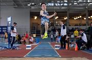 23 March 2024; Harry Nelson of Lagan Valley AC, Antrim, competes in the boys under 18 triple jump during day one of the 123.ie National Juvenile Indoor Championships at the TUS International Arena in Athlone. Photo by Stephen Marken/Sportsfile