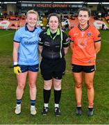 23 March 2024; Referee Siobhan Coyle with Armagh captain Clodagh McCambridge, right, and Dublin captain Carla Rowe before the Lidl LGFA National League Division 1 match between Armagh and Dublin at BOX-IT Athletic Grounds in Armagh. Photo by Ben McShane/Sportsfile