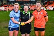 23 March 2024; Referee Siobhan Coyle with Armagh captain Clodagh McCambridge, right, and Dublin captain Carla Rowe before the Lidl LGFA National League Division 1 match between Armagh and Dublin at BOX-IT Athletic Grounds in Armagh. Photo by Ben McShane/Sportsfile