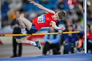 23 March 2024; Jack O'Driscoll of St Cronans AC, Clare, competes in the boys under 13 high jump during day one of the 123.ie National Juvenile Indoor Championships at the TUS International Arena in Athlone. Photo by Stephen Marken/Sportsfile