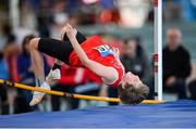 23 March 2024; Donagh Bane of St Cronans AC, Clare, competes in the boys under 13 high jump during day one of the 123.ie National Juvenile Indoor Championships at the TUS International Arena in Athlone. Photo by Stephen Marken/Sportsfile