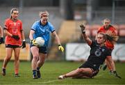 23 March 2024; Orlagh Nolan of Dublin scores her side's third goal past Armagh goalkeeper Brianna Mathers during the Lidl LGFA National League Division 1 match between Armagh and Dublin at BOX-IT Athletic Grounds in Armagh. Photo by Ben McShane/Sportsfile