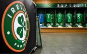 23 March 2024; The shirts of Republic of Ireland players, from left, Gavin Bazunu, Seamus Coleman, Ryan Manning, Dara O'Shea and Andrew Omobamidele before the international friendly match between Republic of Ireland and Belgium at the Aviva Stadium in Dublin. Photo by Stephen McCarthy/Sportsfile