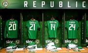23 March 2024; The shirts of Republic of Ireland players, from left, Chiedozie Ogbene, Festy Ebosele, Mikey Johnston and Jake O'Brien before the international friendly match between Republic of Ireland and Belgium at the Aviva Stadium in Dublin. Photo by Stephen McCarthy/Sportsfile