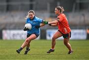 23 March 2024; Martha Byrne of Dublin in action against Sarah Quigley of Armagh during the Lidl LGFA National League Division 1 match between Armagh and Dublin at BOX-IT Athletic Grounds in Armagh. Photo by Ben McShane/Sportsfile