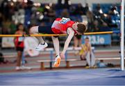 23 March 2024; Evan Cheshire of Dundalk St. Gerards AC, Louth, competes in the boys under 13 high jump during day one of the 123.ie National Juvenile Indoor Championships at the TUS International Arena in Athlone. Photo by Stephen Marken/Sportsfile