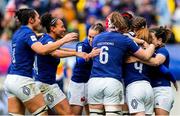 23 March 2024; The France team celebrate after scoing a try during the Women's Six Nations Rugby Championship match between France and Ireland at Stade Marie-Marvingt in Le Mans, France. Photo by Hugo Pfeiffer/Sportsfile