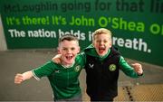 23 March 2024; Republic of Ireland supporters Josh Fahey, age 7, left, and Ricky Wade, age 6, from Galway, before the international friendly match between Republic of Ireland and Belgium at the Aviva Stadium in Dublin. Photo by David Fitzgerald/Sportsfile