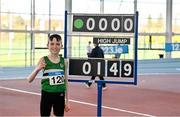 23 March 2024; Ryan Mcmahon of Monaghan Phoenix AC after his victory in the boys under 13 high jump during day one of the 123.ie National Juvenile Indoor Championships at the TUS International Arena in Athlone. Photo by Stephen Marken/Sportsfile