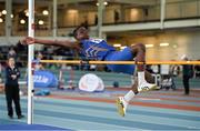 23 March 2024; El'Nathan Okoh of Longford AC competes in the boys under 13 high jump during day one of the 123.ie National Juvenile Indoor Championships at the TUS International Arena in Athlone. Photo by Stephen Marken/Sportsfile