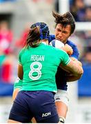 23 March 2024; Manae Feleu of France is tackled by Brittany Hogan of Ireland during the Women's Six Nations Rugby Championship match between France and Ireland at Stade Marie-Marvingt in Le Mans, France. Photo by Hugo Pfeiffer/Sportsfile