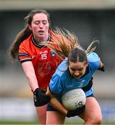 23 March 2024; Martha Byrne of Dublin in action against Niamh Reel of Armagh during the Lidl LGFA National League Division 1 match between Armagh and Dublin at BOX-IT Athletic Grounds in Armagh. Photo by Ben McShane/Sportsfile