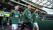 23 March 2024; Republic of Ireland players, from left, Josh Cullen, Evan Ferguson and Mikey Johnston before the international friendly match between Republic of Ireland and Belgium at the Aviva Stadium in Dublin. Photo by Stephen McCarthy/Sportsfile