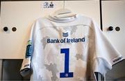 23 March 2024; The jersey of Ed Byrne of Leinster is seen in the dressing room before making his 100th appearance in the United Rugby Championship match between Zebre Parma and Leinster at Stadio Sergio Lanfranchi in Parma, Italy. Photo by Harry Murphy/Sportsfile