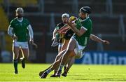 23 March 2024; Gearoid Hegarty of Limerick in action against Adrian Mullen of Kilkenny during the Allianz Hurling League Division 1 semi-final match between Limerick and Kilkenny at SuperValu Páirc Ui Chaoimh in Cork. Photo by Brendan Moran/Sportsfile