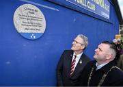 23 March 2024; The Lord Mayor of Dublin Daithí de Róiste and Uachtarán Chumann Lúthchleas Gael Jarlath Burns at the official unveiling of a plaque by Dublin City Council and the GAA at Clonturk Park in Drumcondra, commemorating it as a location for the All-Ireland hurling and football finals of 1890, 1891, 1892 and 1894. Photo by Ray McManus/Sportsfile