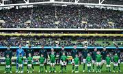 23 March 2024; The Republic of Ireland team, from left, Seamus Coleman, Caoimhin Kelleher, Nathan Collins, Andrew Omobamidele, Josh Cullen, Robbie Brady, Dara O'Shea, Will Smallbone, Sammie Szmodics, Evan Ferguson and Chiedozie Ogbene before the international friendly match between Republic of Ireland and Belgium at the Aviva Stadium in Dublin. Photo by Stephen McCarthy/Sportsfile