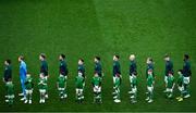 23 March 2024; The Republic of Ireland team, from left, Seamus Coleman, Caoimhin Kelleher, Nathan Collins, Andrew Omobamidele, Josh Cullen, Robbie Brady, Dara O'Shea, Will Smallbone, Sammie Szmodics, Evan Ferguson and Chiedozie Ogbene before the international friendly match between Republic of Ireland and Belgium at the Aviva Stadium in Dublin. Photo by David Fitzgerald/Sportsfile
