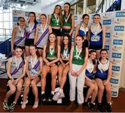 23 March 2024; Medalists in the girls under 16 4x200m relay during day one of the 123.ie National Juvenile Indoor Championships at the TUS International Arena in Athlone.  Photo by Stephen Marken/Sportsfile