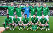 23 March 2024; The Republic of Ireland team, back row, from left to right, Nathan Collins, Evan Ferguson, Caoimhin Kelleher, Andrew Omobamidele, Dara O'Shea and Will Smallbone. Front row, from left, Chiedozie Ogbene, Sammie Szmodics, Robbie Brady, Seamus Coleman and Josh Cullen before the international friendly match between Republic of Ireland and Belgium at the Aviva Stadium in Dublin. Photo by Stephen McCarthy/Sportsfile