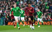 23 March 2024; Koni De Winter of Belgium in action against Evan Ferguson of Republic of Ireland during the international friendly match between Republic of Ireland and Belgium at the Aviva Stadium in Dublin. Photo by Stephen McCarthy/Sportsfile