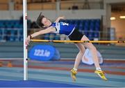 23 March 2024; Jasmine Barrett Doherty of Finn Valley AC, Donegal, on her way to winning the girls under 13 high jump during day one of the 123.ie National Juvenile Indoor Championships at the TUS International Arena in Athlone. Photo by Stephen Marken/Sportsfile