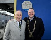 23 March 2024; The Lord Mayor of Dublin Daithí de Róiste and Frank Murphy, retired Cork County Board Secretary, at the official unveiling of a plaque by Dublin City Council and the GAA at Clonturk Park in Drumcondra, commemorating it as a location for the All-Ireland hurling and football finals of 1890, 1891, 1892 and 1894. Photo by Ray McManus/Sportsfile