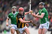 23 March 2024; Adrian Mullen of Kilkenny is tackled by Declan Hannon of Limerick during the Allianz Hurling League Division 1 semi-final match between Limerick and Kilkenny at SuperValu Páirc Ui Chaoimh in Cork. Photo by Brendan Moran/Sportsfile