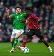 23 March 2024; Johan Bakayoko of Belgium in action against Robbie Brady of Republic of Ireland during the international friendly match between Republic of Ireland and Belgium at the Aviva Stadium in Dublin. Photo by Stephen McCarthy/Sportsfile