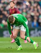 23 March 2024; Evan Ferguson of Republic of Ireland reacts after a missed penalty during the international friendly match between Republic of Ireland and Belgium at the Aviva Stadium in Dublin. Photo by Stephen McCarthy/Sportsfile