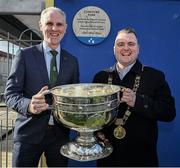 23 March 2024; The Lord Mayor of Dublin Daithí de Róiste and Senator Shane Cassells, holdin the Sam Maguire Cup, at the official unveiling of a plaque by Dublin City Council and the GAA at Clonturk Park in Drumcondra, commemorating it as a location for the All-Ireland hurling and football finals of 1890, 1891, 1892 and 1894. Photo by Ray McManus/Sportsfile