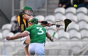 23 March 2024; Luke Hogan of Kilkenny breaks his hurley while being blocked by Sean Finn of Limerick during the Allianz Hurling League Division 1 semi-final match between Limerick and Kilkenny at SuperValu Páirc Ui Chaoimh in Cork. Photo by Brendan Moran/Sportsfile