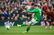 23 March 2024; Evan Ferguson of Republic of Ireland takes a first half penalty, which was saved, during the international friendly match between Republic of Ireland and Belgium at the Aviva Stadium in Dublin. Photo by Stephen McCarthy/Sportsfile