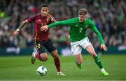 23 March 2024; Evan Ferguson of Republic of Ireland in action against Aster Vranckx of Belgium during the international friendly match between Republic of Ireland and Belgium at the Aviva Stadium in Dublin. Photo by Stephen McCarthy/Sportsfile