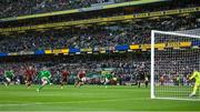 23 March 2024; Evan Ferguson of Republic of Ireland takes a penalty, which was subsequently saved, during the international friendly match between Republic of Ireland and Belgium at the Aviva Stadium in Dublin. Photo by Seb Daly/Sportsfile