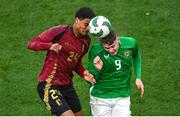 23 March 2024; Koni De Winter of Belgium in action against Evan Ferguson of Republic of Ireland during the international friendly match between Republic of Ireland and Belgium at the Aviva Stadium in Dublin. Photo by David Fitzgerald/Sportsfile