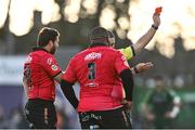23 March 2024; Asenathi Ntlabakanye of Emirates Lions is shown the red card by referee Chris Evans during the United Rugby Championship match between Connacht and Emirates Lions at Dexcom Stadium in Galway. Photo by Piaras Ó Mídheach/Sportsfile