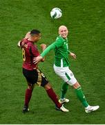 23 March 2024; Will Smallbone of Republic of Ireland in action against Youri Tielemans of Belgium during the international friendly match between Republic of Ireland and Belgium at the Aviva Stadium in Dublin. Photo by David Fitzgerald/Sportsfile