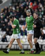 23 March 2024; Referee James Owens shows a red card to Peter Casey of Limerick, left, during the Allianz Hurling League Division 1 semi-final match between Limerick and Kilkenny at SuperValu Páirc Ui Chaoimh in Cork. Photo by Brendan Moran/Sportsfile