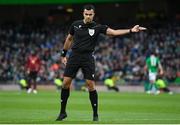 23 March 2024; Referee Rohit Saggi during the international friendly match between Republic of Ireland and Belgium at the Aviva Stadium in Dublin. Photo by Seb Daly/Sportsfile