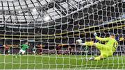 23 March 2024; Belgium goalkeeper Matz Sels saves a penalty from Evan Ferguson of Republic of Ireland during the international friendly match between Republic of Ireland and Belgium at the Aviva Stadium in Dublin. Photo by Seb Daly/Sportsfile