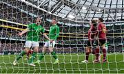 23 March 2024; Seamus Coleman of Republic of Ireland reacts to a missed goal chance by Chiedozie Ogbene of Republic of Ireland during the international friendly match between Republic of Ireland and Belgium at the Aviva Stadium in Dublin. Photo by Seb Daly/Sportsfile
