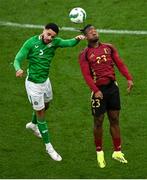 23 March 2024; Michy Batshuayi of Belgium in action against Andrew Omobamidele of Republic of Ireland during the international friendly match between Republic of Ireland and Belgium at the Aviva Stadium in Dublin. Photo by David Fitzgerald/Sportsfile
