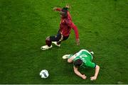 23 March 2024; Jérémy Doku of Belgium in action against Seamus Coleman of Republic of Ireland during the international friendly match between Republic of Ireland and Belgium at the Aviva Stadium in Dublin. Photo by David Fitzgerald/Sportsfile
