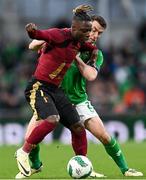 23 March 2024; Jérémy Doku of Belgium in action against Seamus Coleman of Republic of Ireland during the international friendly match between Republic of Ireland and Belgium at the Aviva Stadium in Dublin. Photo by Stephen McCarthy/Sportsfile
