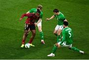 23 March 2024; Michy Batshuayi of Belgium in action against Republic of Ireland players, from left, Nathan Collins, Seamus Coleman and Andrew Omobamidele during the international friendly match between Republic of Ireland and Belgium at the Aviva Stadium in Dublin. Photo by David Fitzgerald/Sportsfile