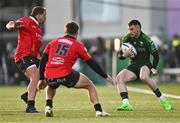 23 March 2024; Andrew Smith of Connacht in action against Quan Horn, 15, and JP Smith of Emirates Lions during the United Rugby Championship match between Connacht and Emirates Lions at Dexcom Stadium in Galway. Photo by Piaras Ó Mídheach/Sportsfile