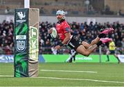 23 March 2024; Edwill van der Merwe of Emirates Lions dives over to score his side's third try during the United Rugby Championship match between Connacht and Emirates Lions at Dexcom Stadium in Galway. Photo by Piaras Ó Mídheach/Sportsfile