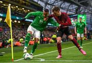 23 March 2024; Adam Idah of Republic of Ireland in action against Amadou Onana of Belgium during the international friendly match between Republic of Ireland and Belgium at the Aviva Stadium in Dublin. Photo by Stephen McCarthy/Sportsfile
